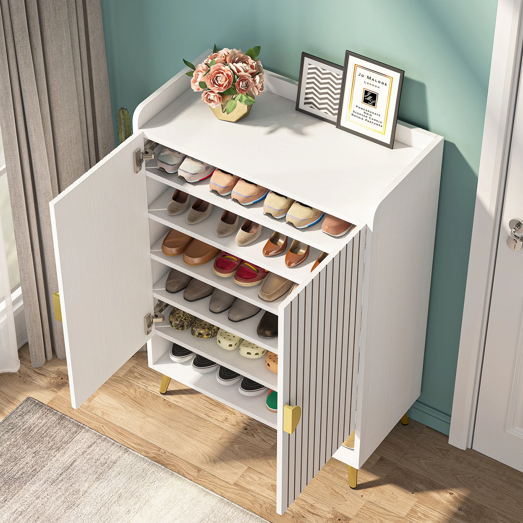 Tribesigns Shoe Cabinet with Doors, 7-Tier Shoe Storage Cabinet with Adjustable Shelves, Wooden Shoes Rack Shoe Storage Organize