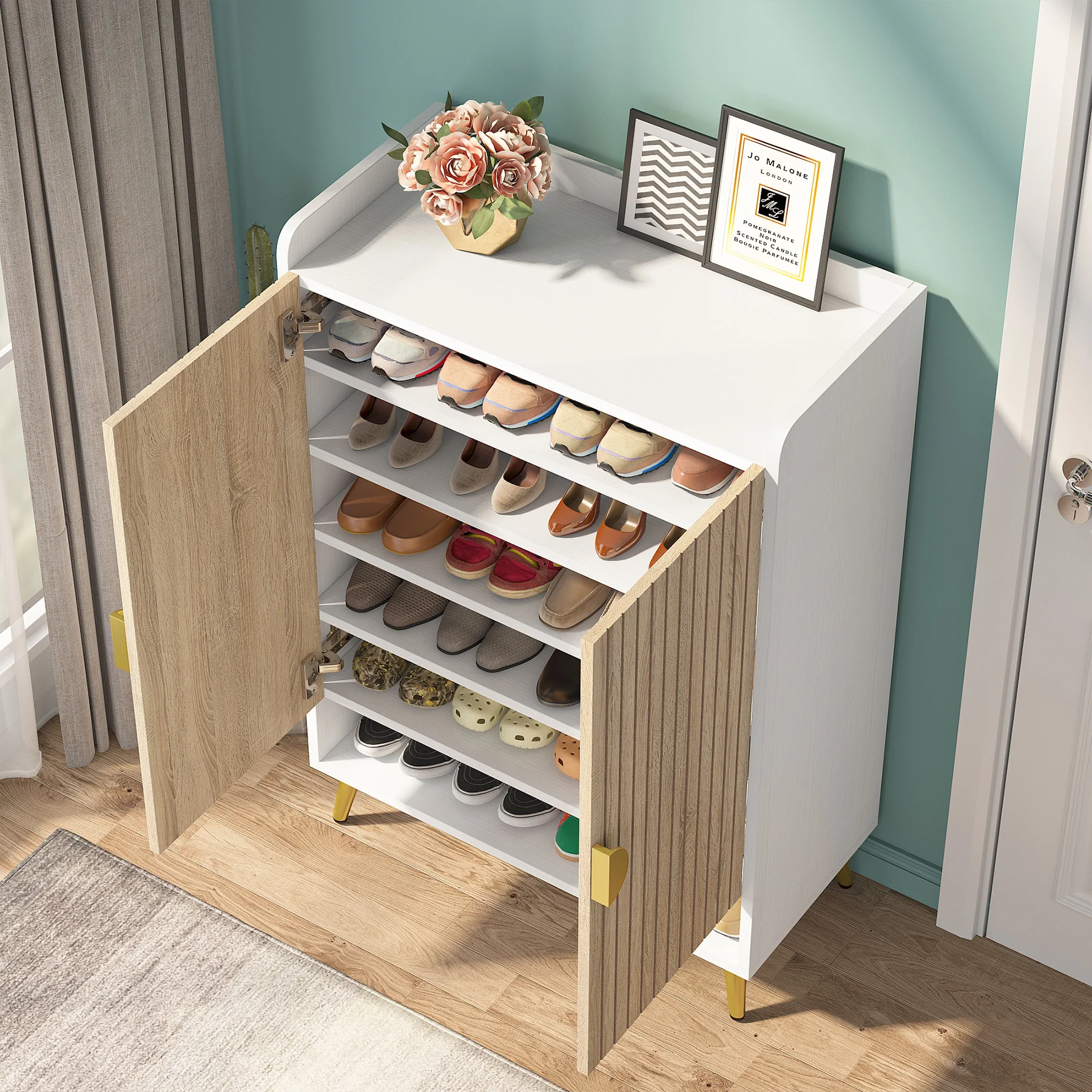 Tribesigns Shoe Cabinet with Doors, 7-Tier Shoe Storage Cabinet with Adjustable Shelves, Wooden Shoes Rack Shoe Storage Organize