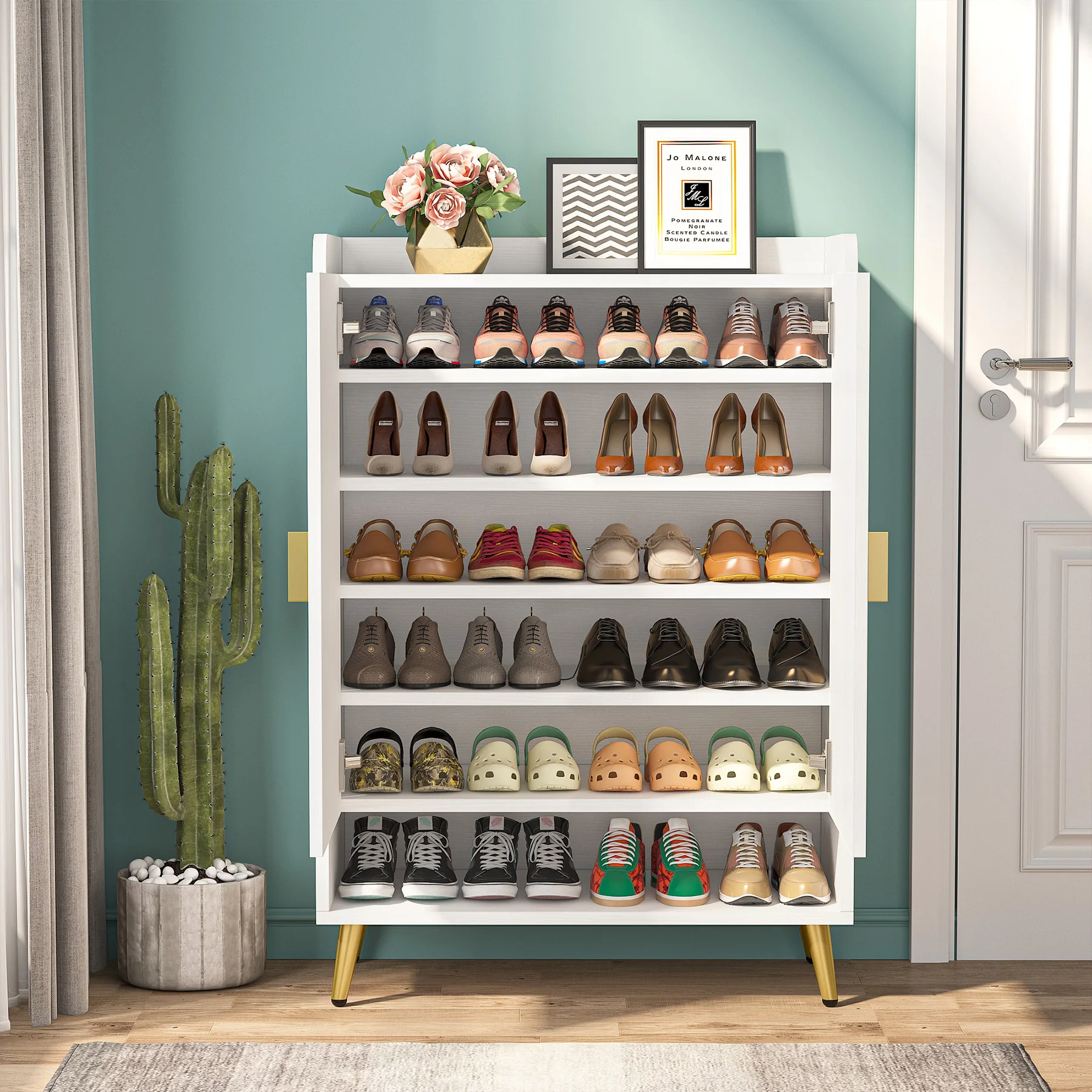 Tribesigns Shoe Cabinet with Doors, 7-Tier Shoe Storage Cabinet with Adjustable Shelves, Wooden Shoes Rack Shoe Storage Organize