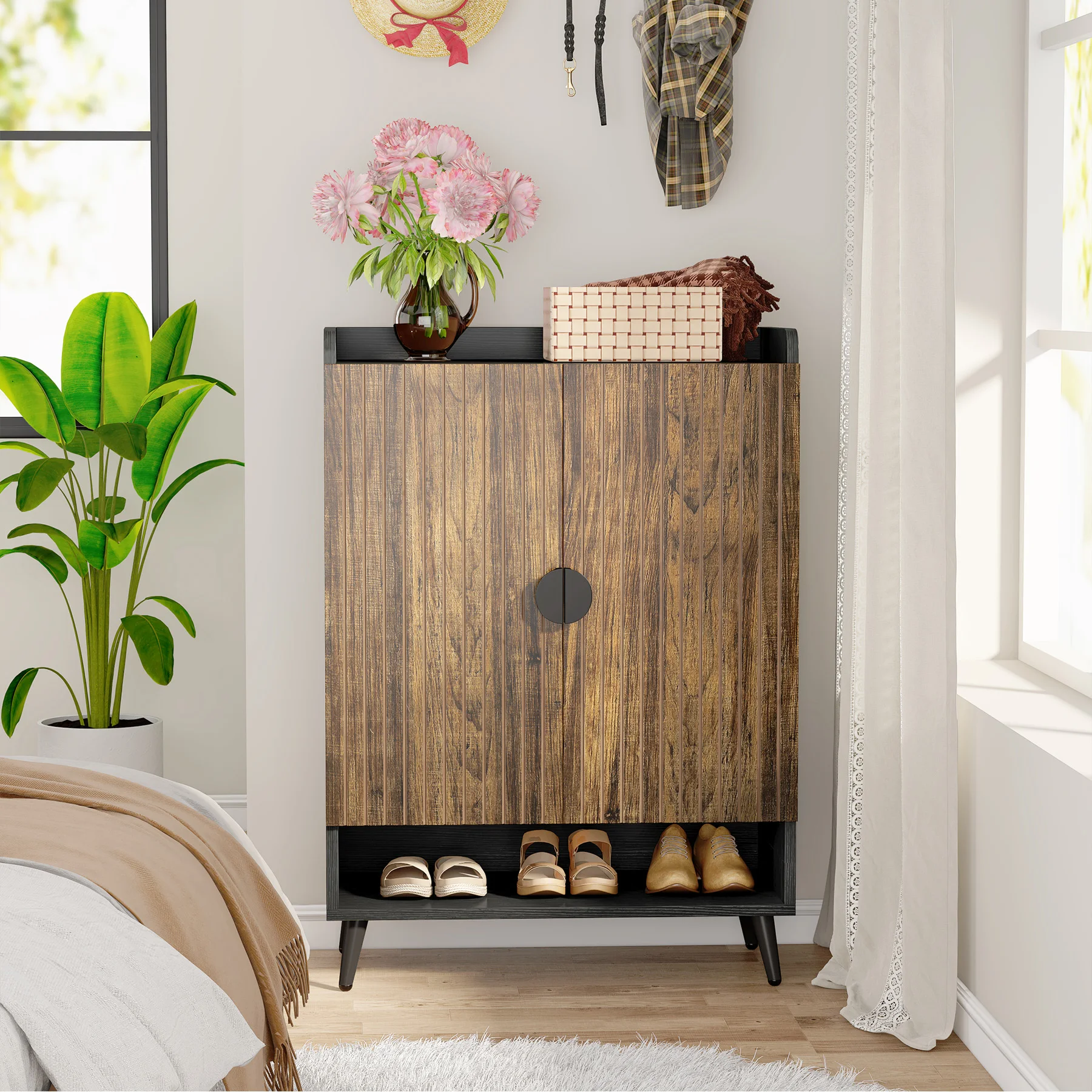 Tribesigns Shoe Cabinet with Doors, 7-Tier Shoe Storage Cabinet with Adjustable Shelves, Wooden Shoes Rack Shoe Storage Organize