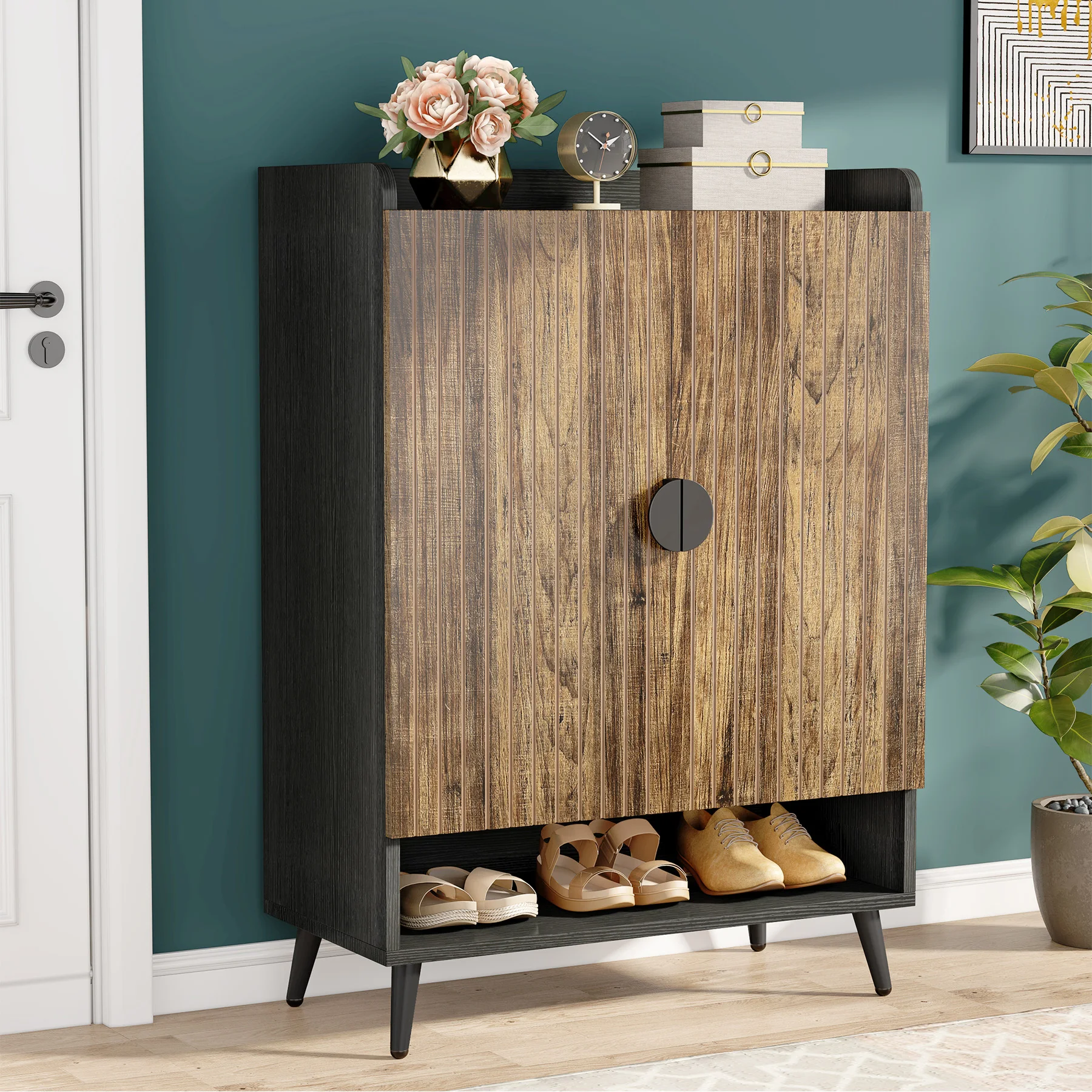 Tribesigns Shoe Cabinet with Doors, 7-Tier Shoe Storage Cabinet with Adjustable Shelves, Wooden Shoes Rack Shoe Storage Organize