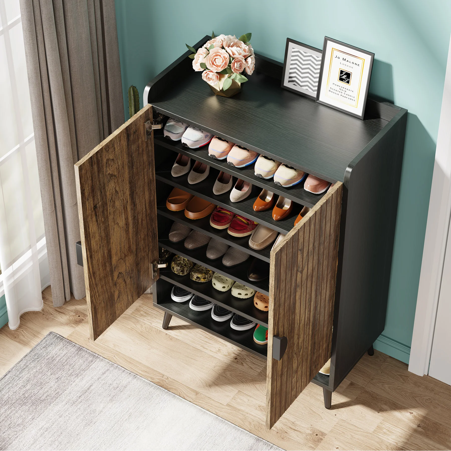 Tribesigns Shoe Cabinet with Doors, 7-Tier Shoe Storage Cabinet with Adjustable Shelves, Wooden Shoes Rack Shoe Storage Organize