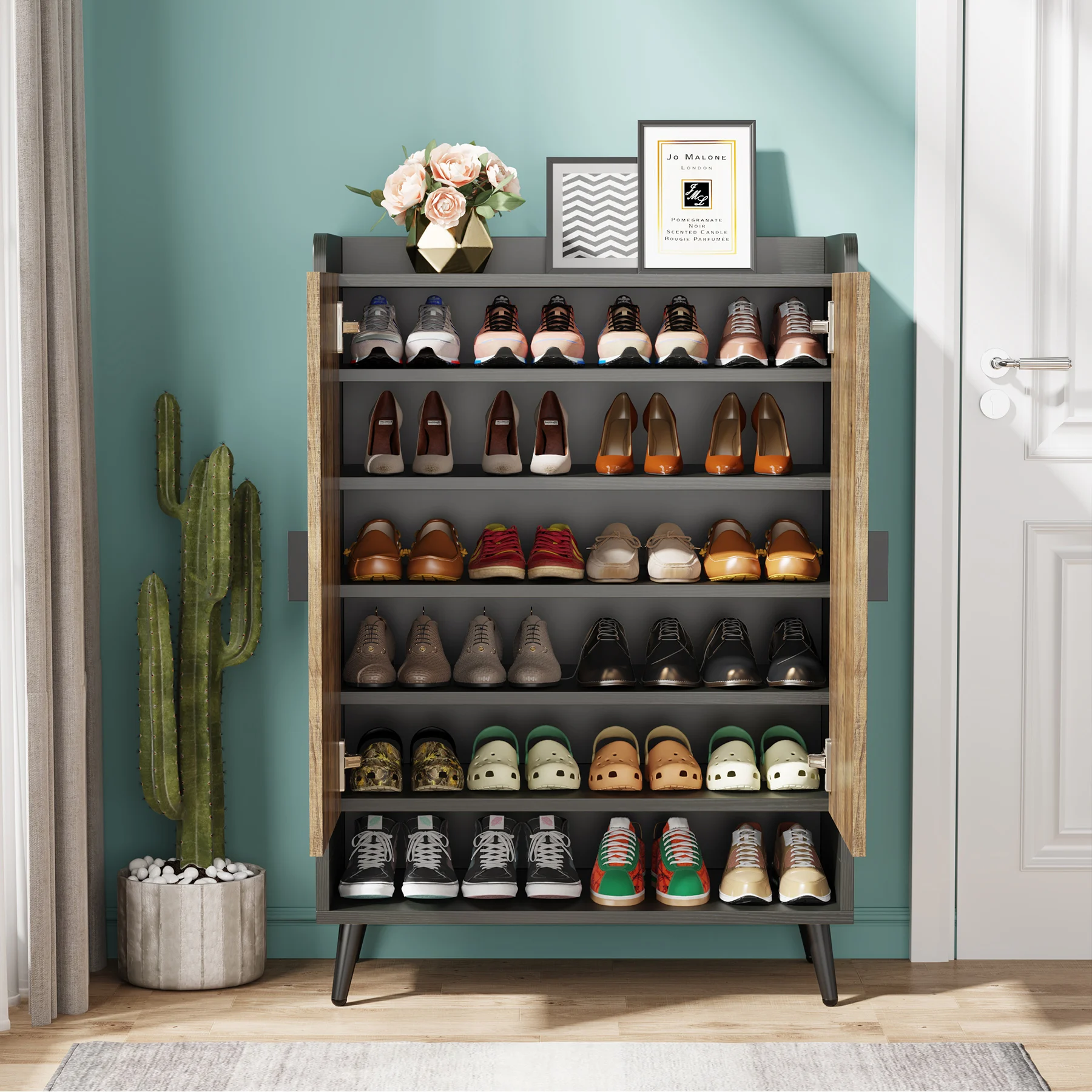 Tribesigns Shoe Cabinet with Doors, 7-Tier Shoe Storage Cabinet with Adjustable Shelves, Wooden Shoes Rack Shoe Storage Organize