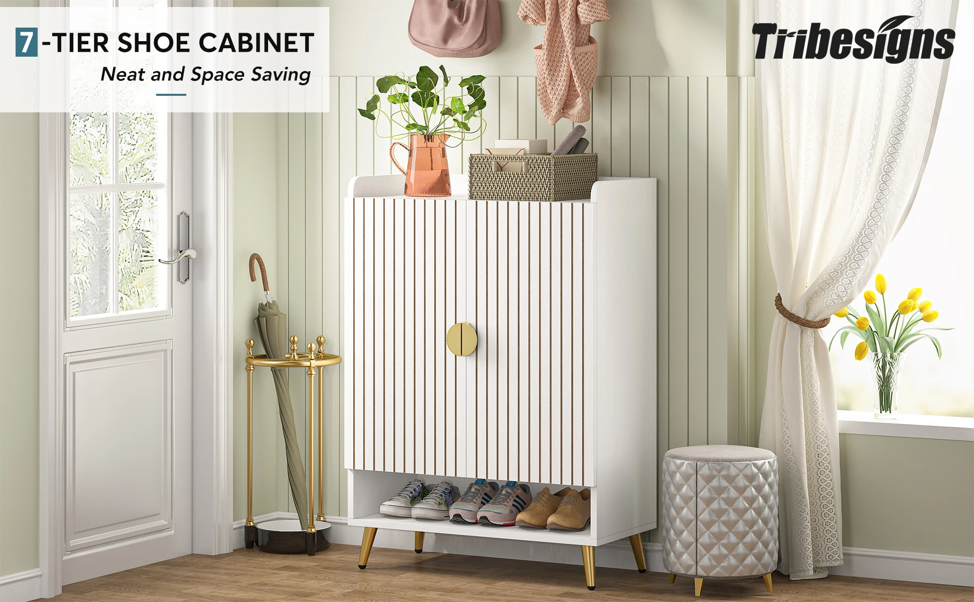 Tribesigns Shoe Cabinet with Doors, 7-Tier Shoe Storage Cabinet with Adjustable Shelves, Wooden Shoes Rack Shoe Storage Organize