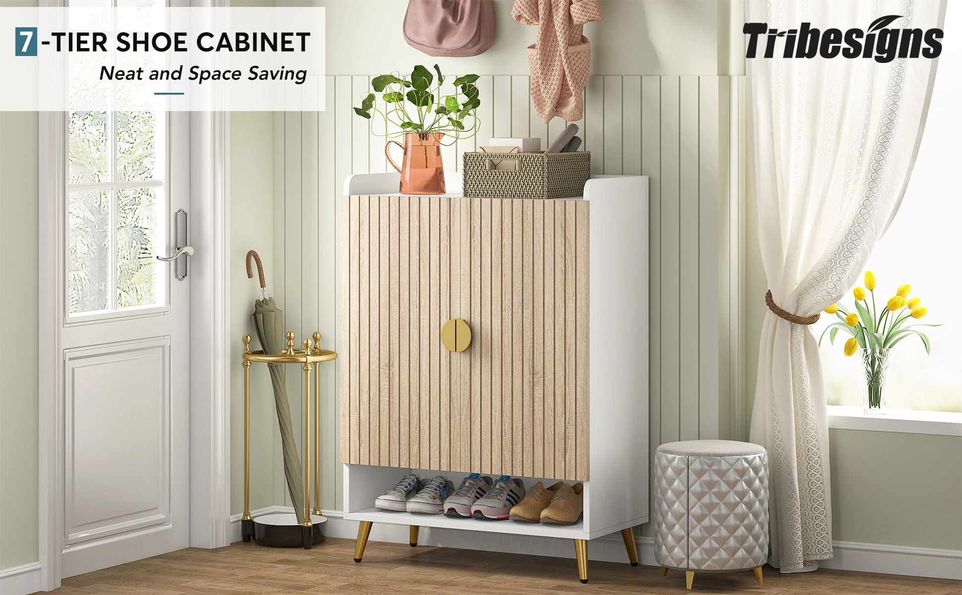 Tribesigns Shoe Cabinet with Doors, 7-Tier Shoe Storage Cabinet with Adjustable Shelves, Wooden Shoes Rack Shoe Storage Organize
