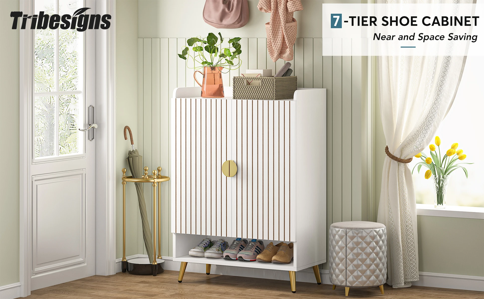 Tribesigns Shoe Cabinet with Doors, 7-Tier Shoe Storage Cabinet with Adjustable Shelves, Wooden Shoes Rack Shoe Storage Organize