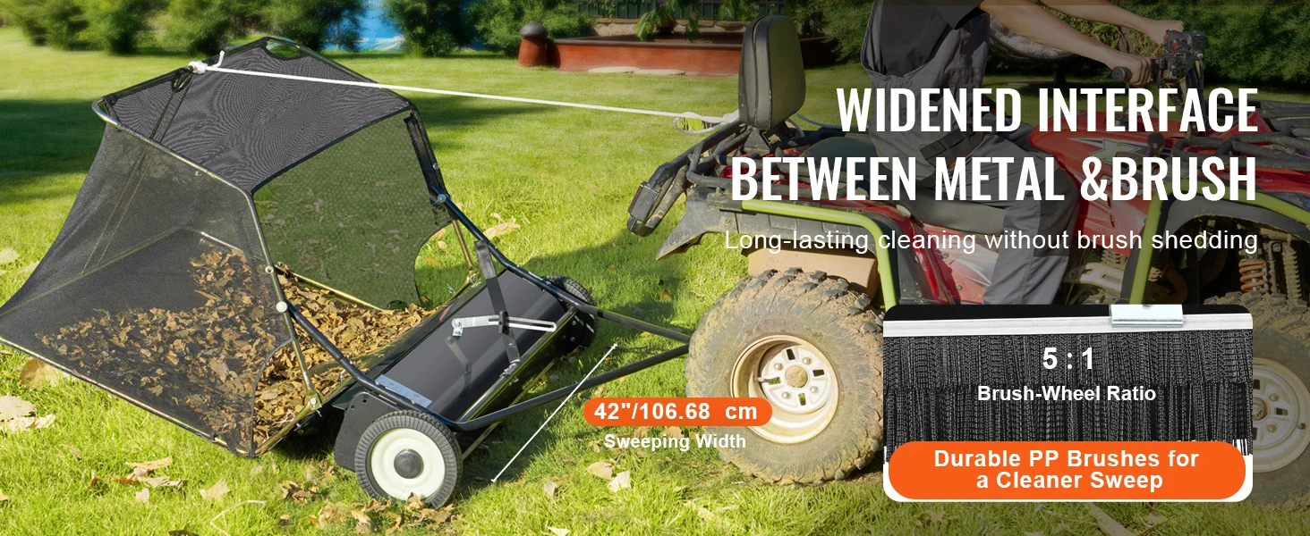 SucceBuy 42 inch Lawn Sweeper Tow Behind 26cu.ft. Large Pull Behind Heavy Duty Leaf Grass Collector for Picking Up Debris Grass