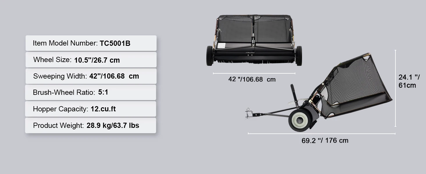 SucceBuy 42 inch Lawn Sweeper Tow Behind 26cu.ft. Large Pull Behind Heavy Duty Leaf Grass Collector for Picking Up Debris Grass