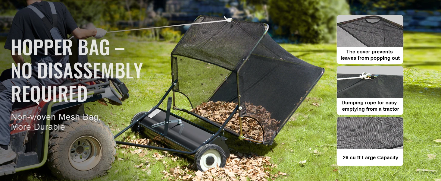 SucceBuy 42 inch Lawn Sweeper Tow Behind 26cu.ft. Large Pull Behind Heavy Duty Leaf Grass Collector for Picking Up Debris Grass