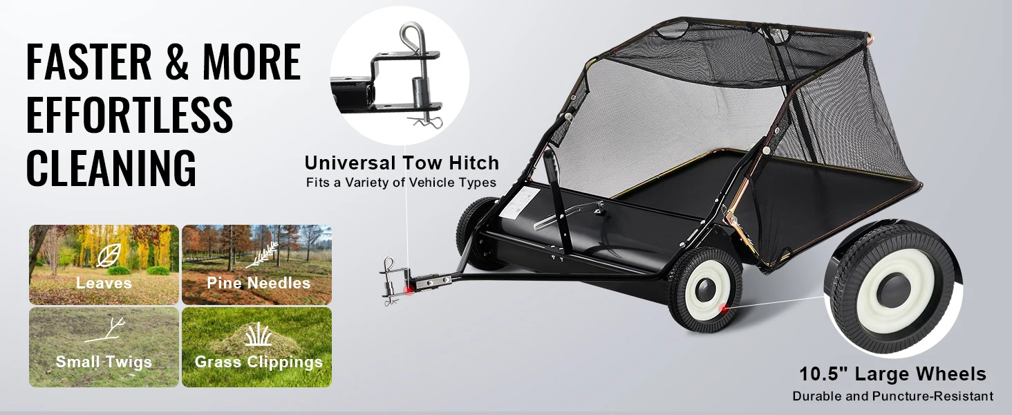 SucceBuy 42 inch Lawn Sweeper Tow Behind 26cu.ft. Large Pull Behind Heavy Duty Leaf Grass Collector for Picking Up Debris Grass