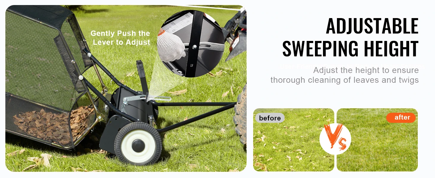 SucceBuy 42 inch Lawn Sweeper Tow Behind 26cu.ft. Large Pull Behind Heavy Duty Leaf Grass Collector for Picking Up Debris Grass