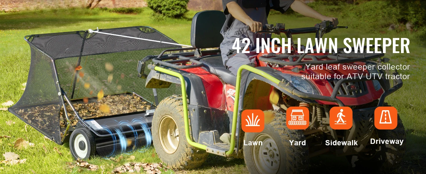 SucceBuy 42 inch Lawn Sweeper Tow Behind 26cu.ft. Large Pull Behind Heavy Duty Leaf Grass Collector for Picking Up Debris Grass