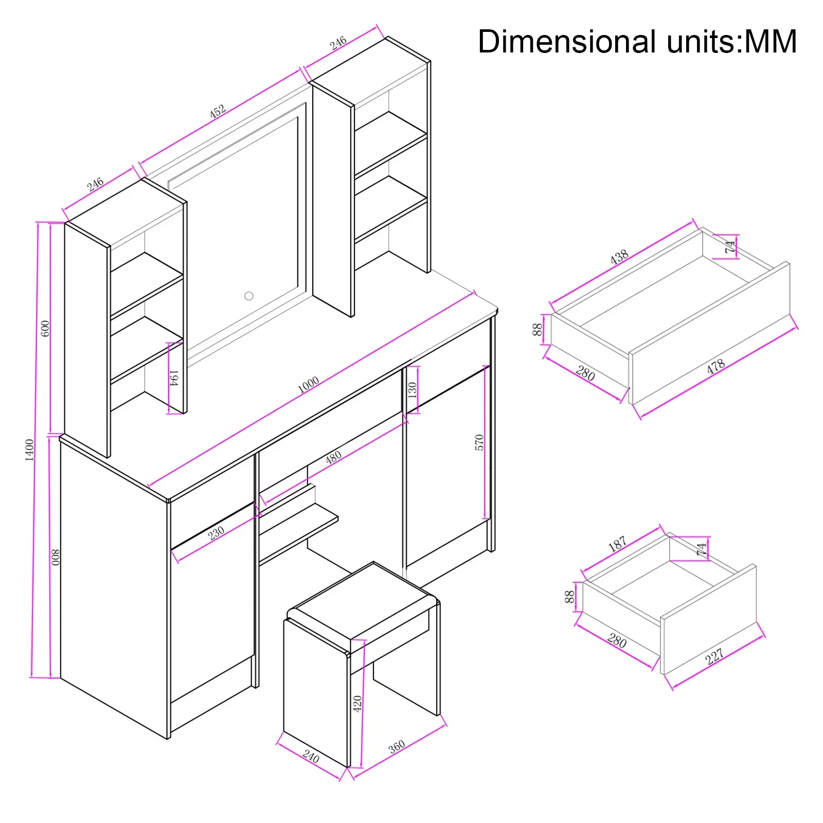 Modern LED Vanity Table Set with Mirror & Stool 3 Color Dimmable Makeup Cabinet 3 Drawer Storage Dresser Desk for Bedroom