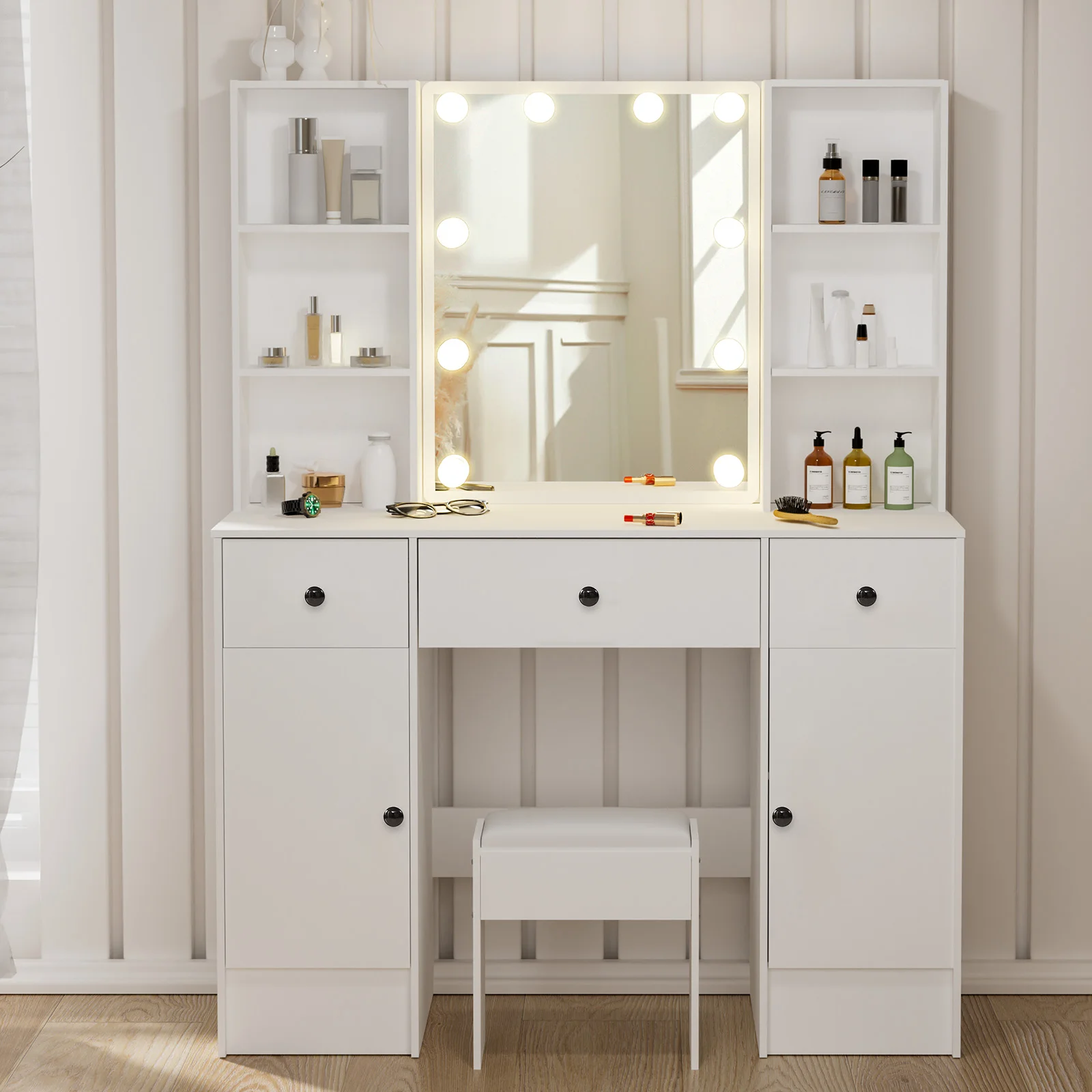 Modern LED Vanity Table Set with Mirror & Stool 3 Color Dimmable Makeup Cabinet 3 Drawer Storage Dresser Desk for Bedroom