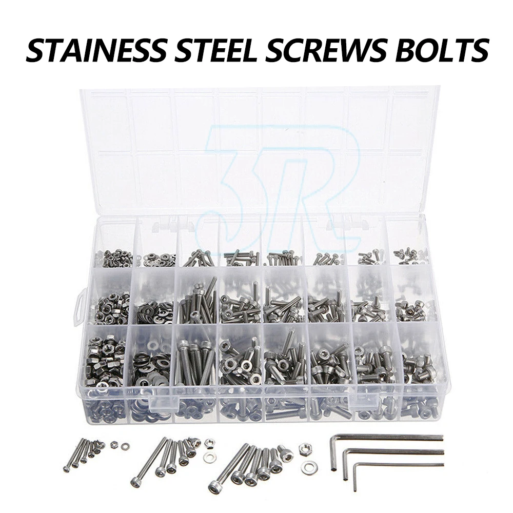 1080pcs M2/M3/M4/M5 Stainless Steel Bolts Nuts Screws Hex Head Assorted Kit Set