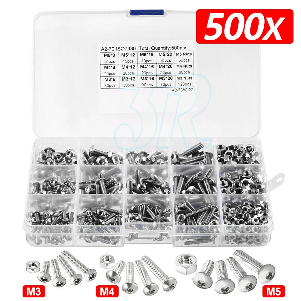 1080pcs M2/M3/M4/M5 Stainless Steel Bolts Nuts Screws Hex Head Assorted Kit Set