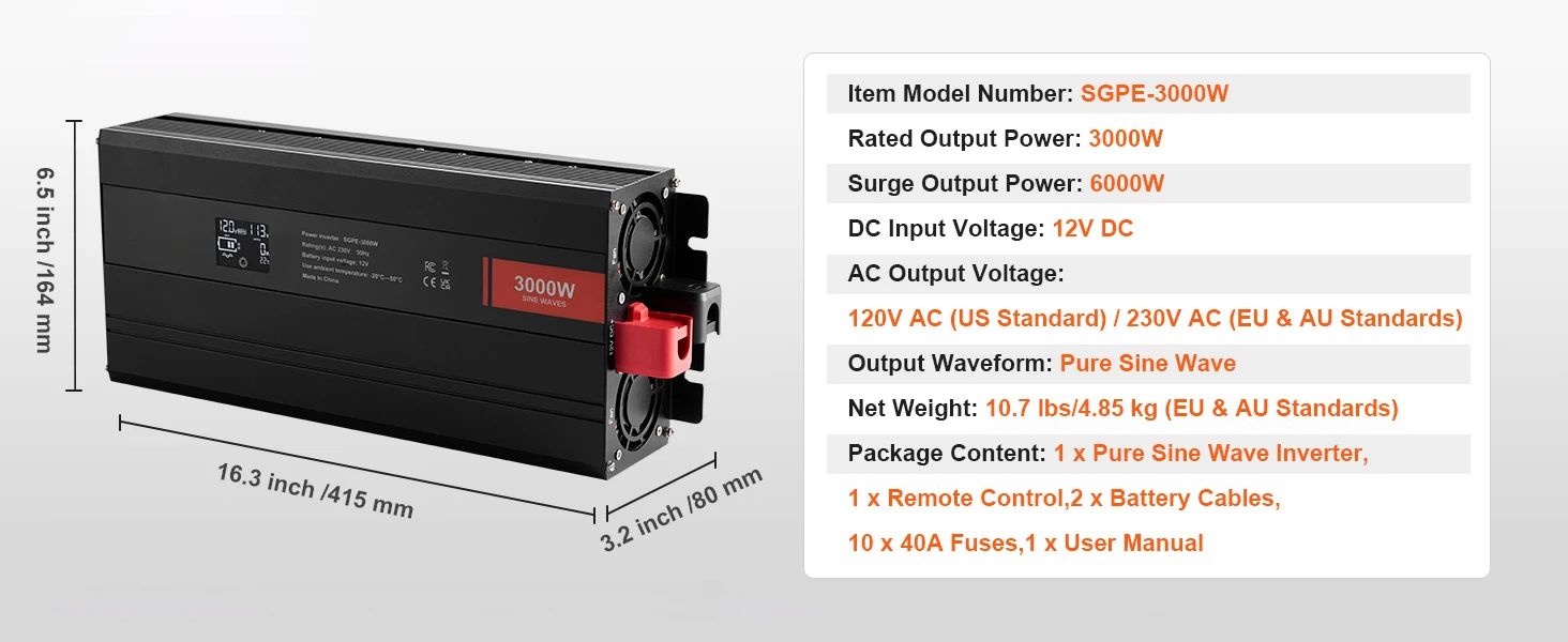 SucceBuy Pure Sine Wave Inverter 300Watt with2AC Outlets 2USB Port 1 Type-C Port Remote Control Small Home Devices