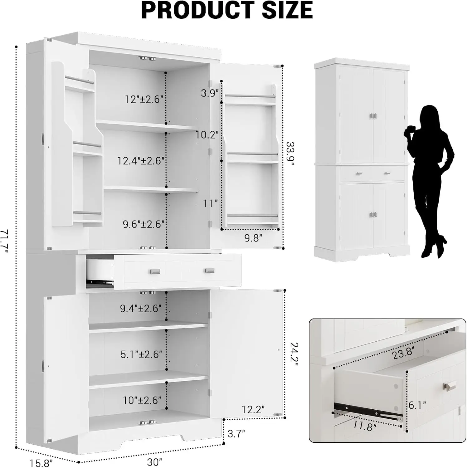 72" Tall Kitchen Pantry Storage Cabinet, Kitchen Storage Cabinet with a Large Drawer, 2 Cabinets, 6 Door Shelves for Kitchen