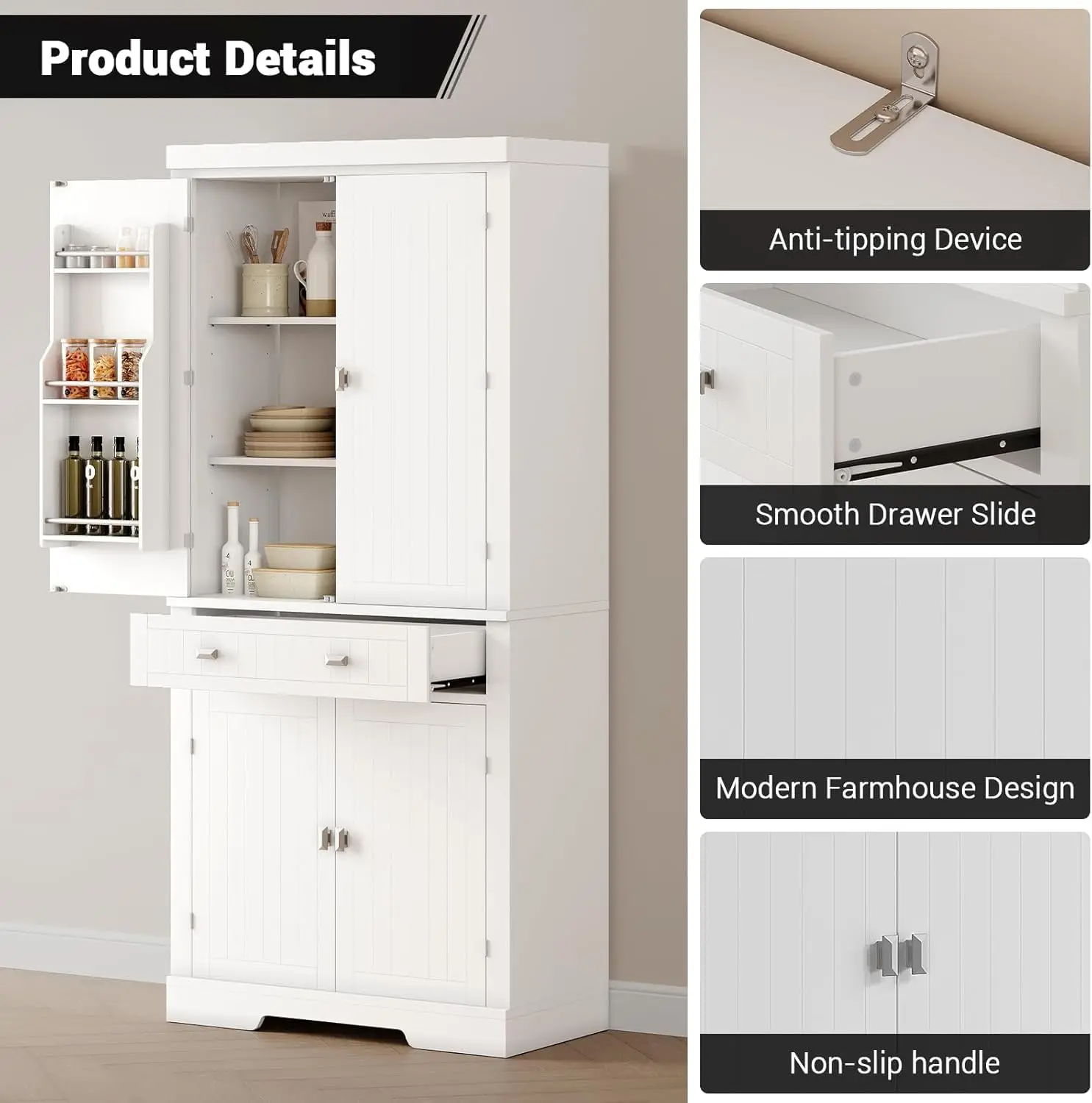 72" Tall Kitchen Pantry Storage Cabinet, Kitchen Storage Cabinet with a Large Drawer, 2 Cabinets, 6 Door Shelves for Kitchen