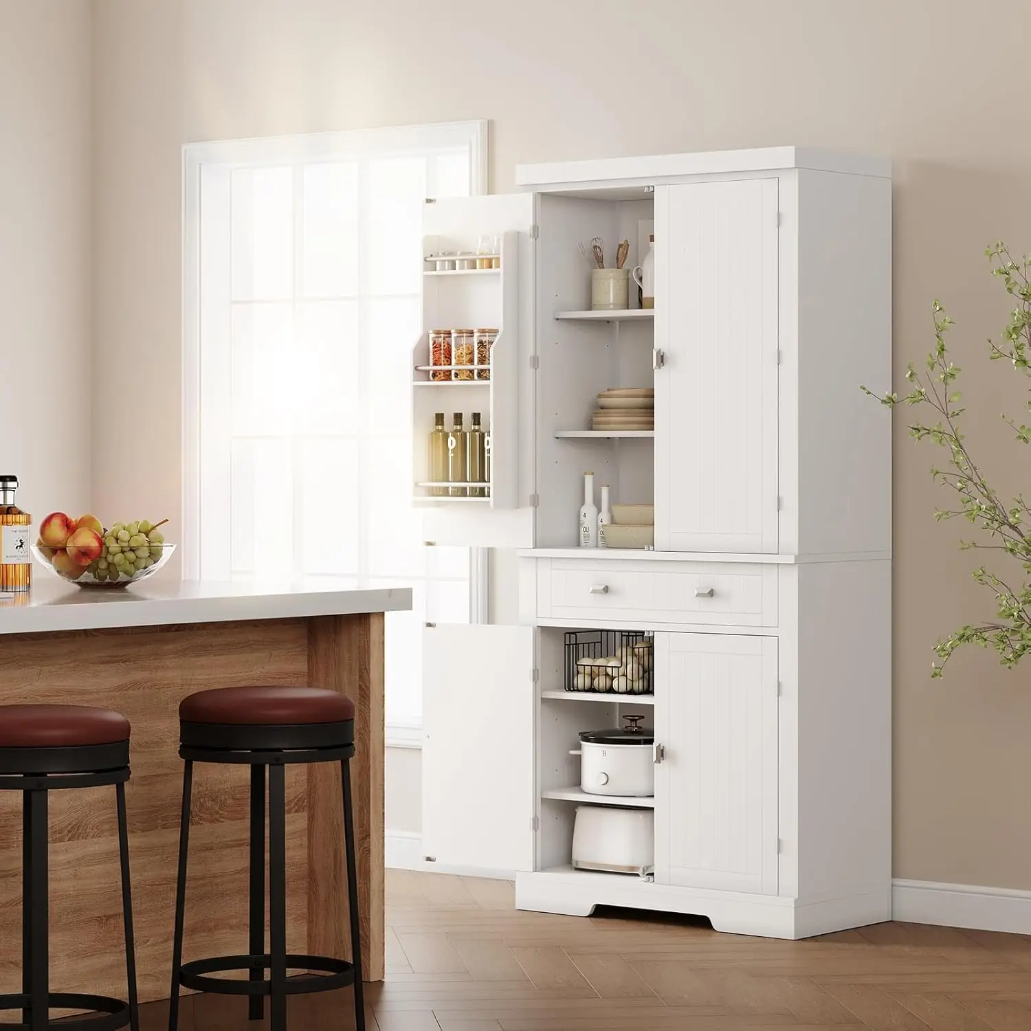 72" Tall Kitchen Pantry Storage Cabinet, Kitchen Storage Cabinet with a Large Drawer, 2 Cabinets, 6 Door Shelves for Kitchen