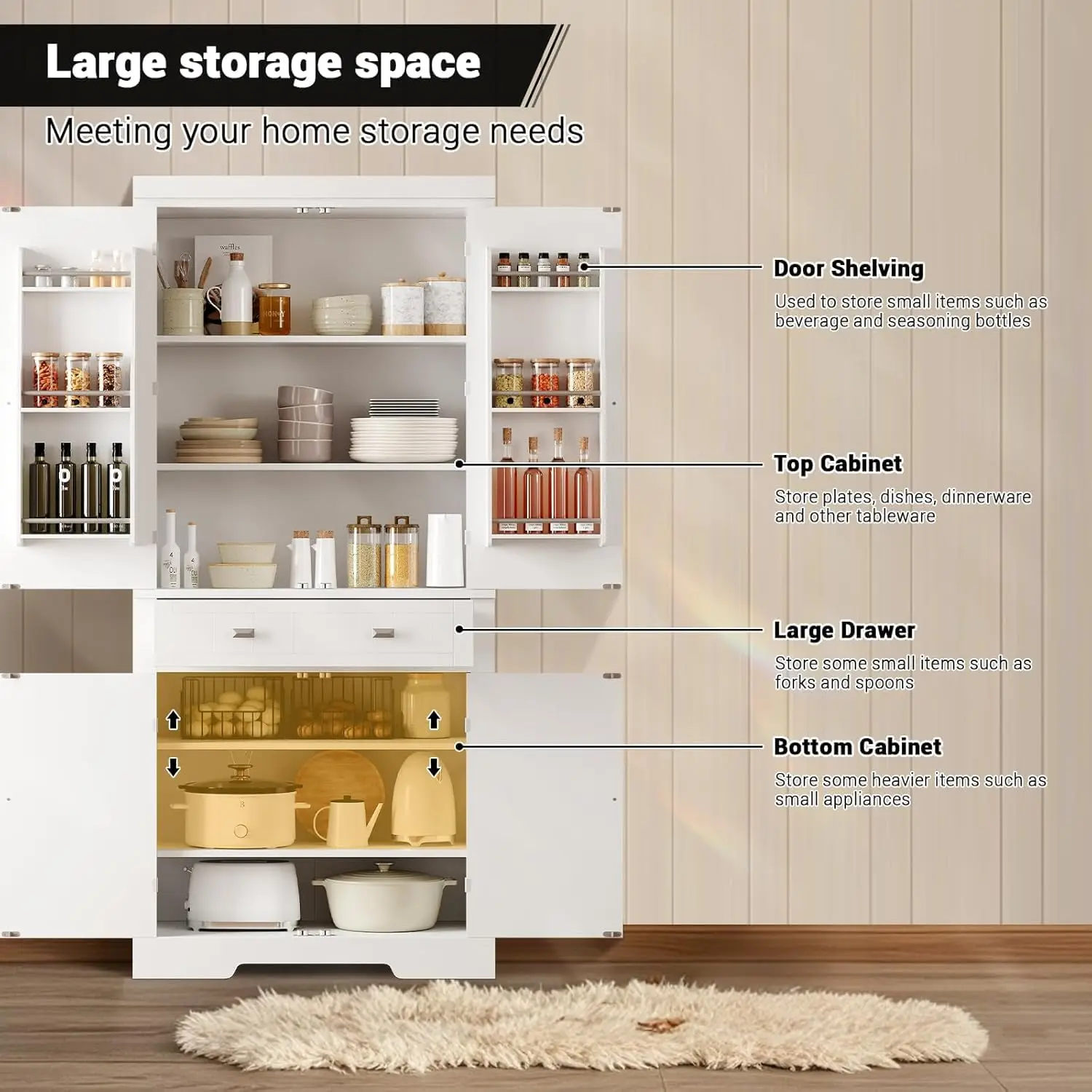 72" Tall Kitchen Pantry Storage Cabinet, Kitchen Storage Cabinet with a Large Drawer, 2 Cabinets, 6 Door Shelves for Kitchen