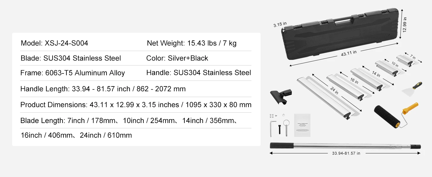 SucceBuy Drywall Skimming Blade Set 7/10/14/16/24 inch Skimming Blades + 34-81.6 in Extension Handle Pole Stainless Steel Knife