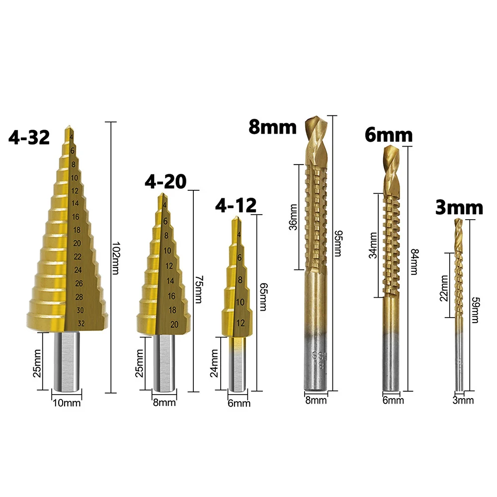Titanium Plating 6Pcs Step Drill Bit Set High-Speed Reaming Pagoda Sawtooth