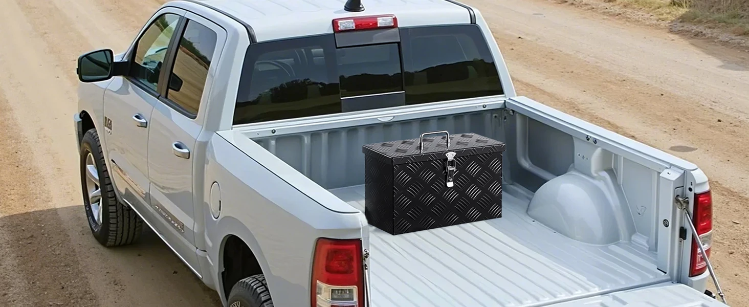 SucceBuy  Heavy Duty Aluminum Truck Bed Tool Box Stripes Plated Tool Box with Handle Storage Toolbox Chest Organizer for Trailer