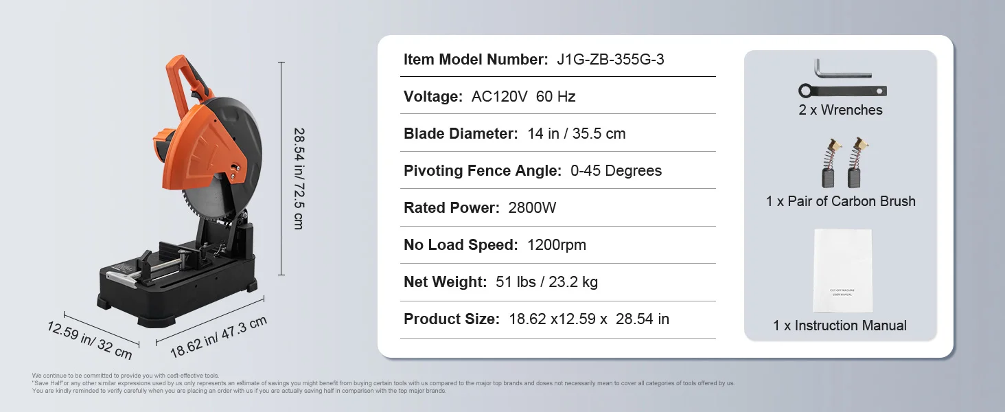 SucceBuy 2800 W Chop Saw 14"/355 mm Blade Diameter Cut Off Saw 1200RPM Steel Cutting Machine 0-45° Adjustable Dry Cut Chop Saw
