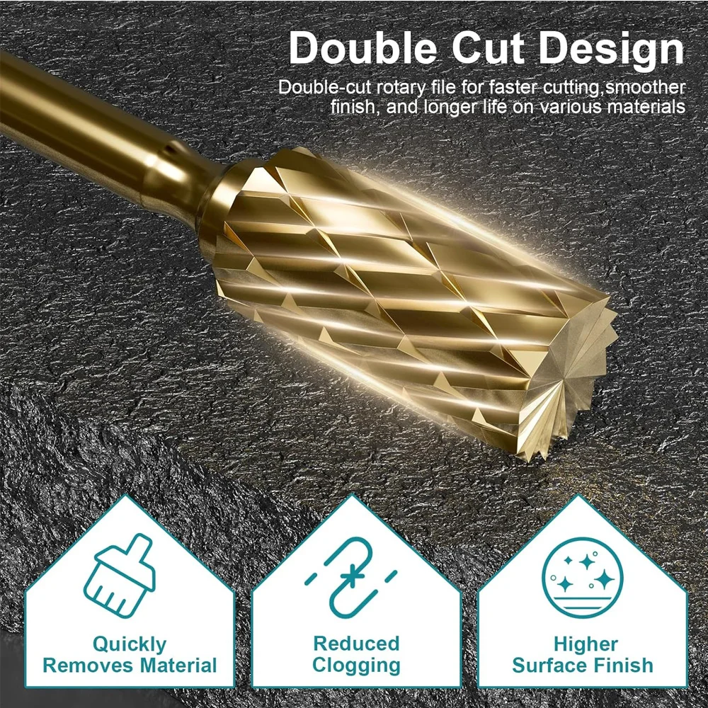 HORUSDY 10-Pieces Titanium Gold Carbide Burr Set 1/4" Hex Change Shank Die Grinding Bit