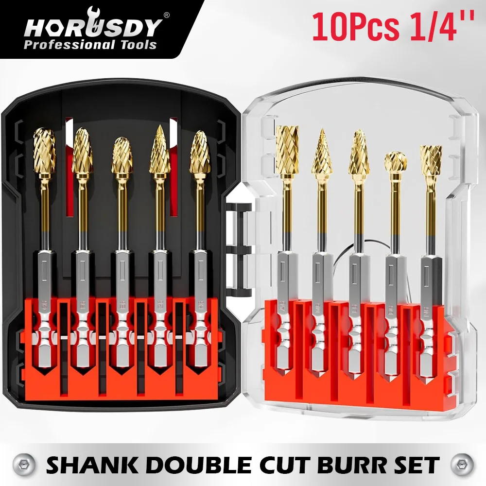 HORUSDY 10-Pieces Titanium Gold Carbide Burr Set 1/4" Hex Change Shank Die Grinding Bit
