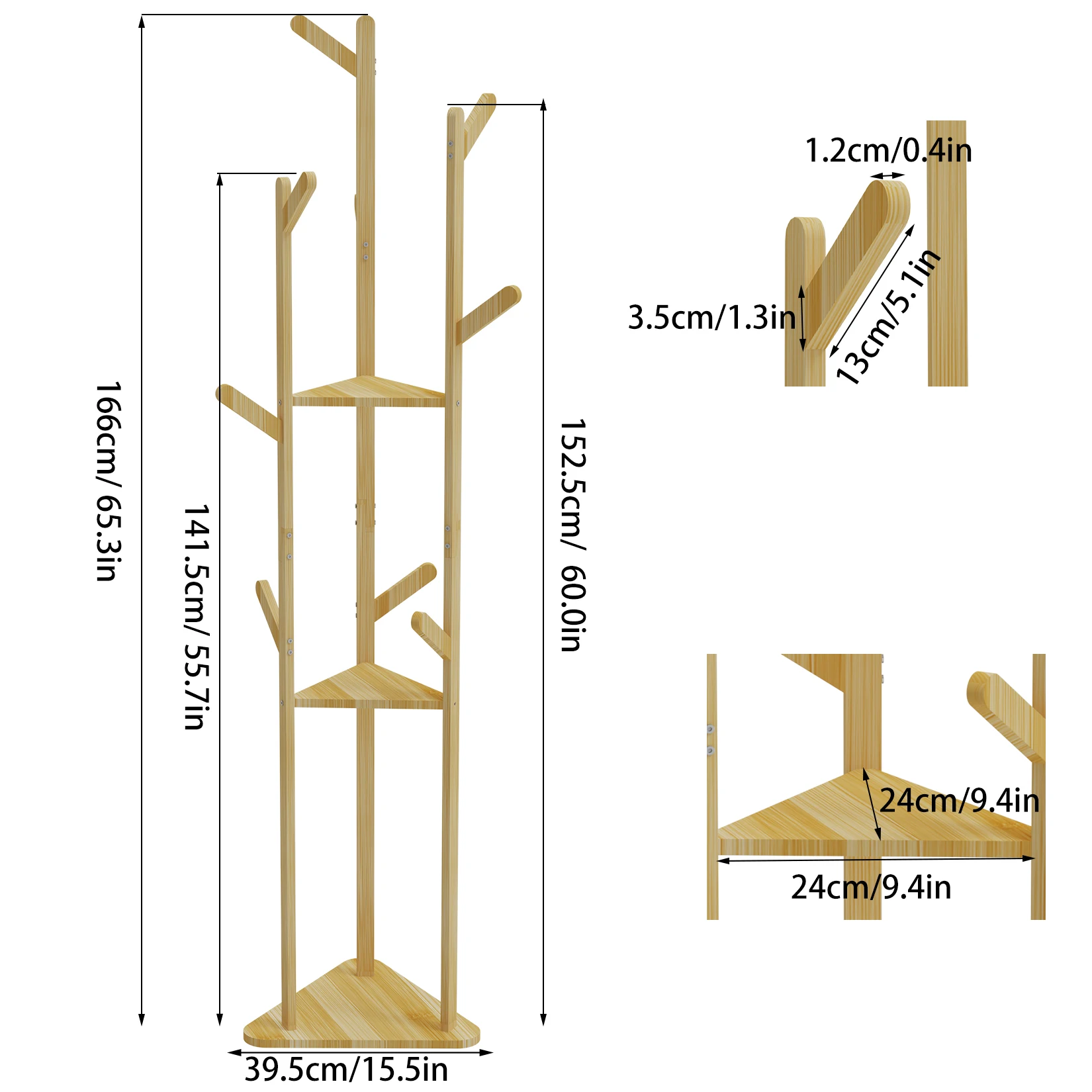 Tree Standing Coat Hanger Rack with 10 Hooks And Shelves Garment Clothes Storage Stand for Home Organization