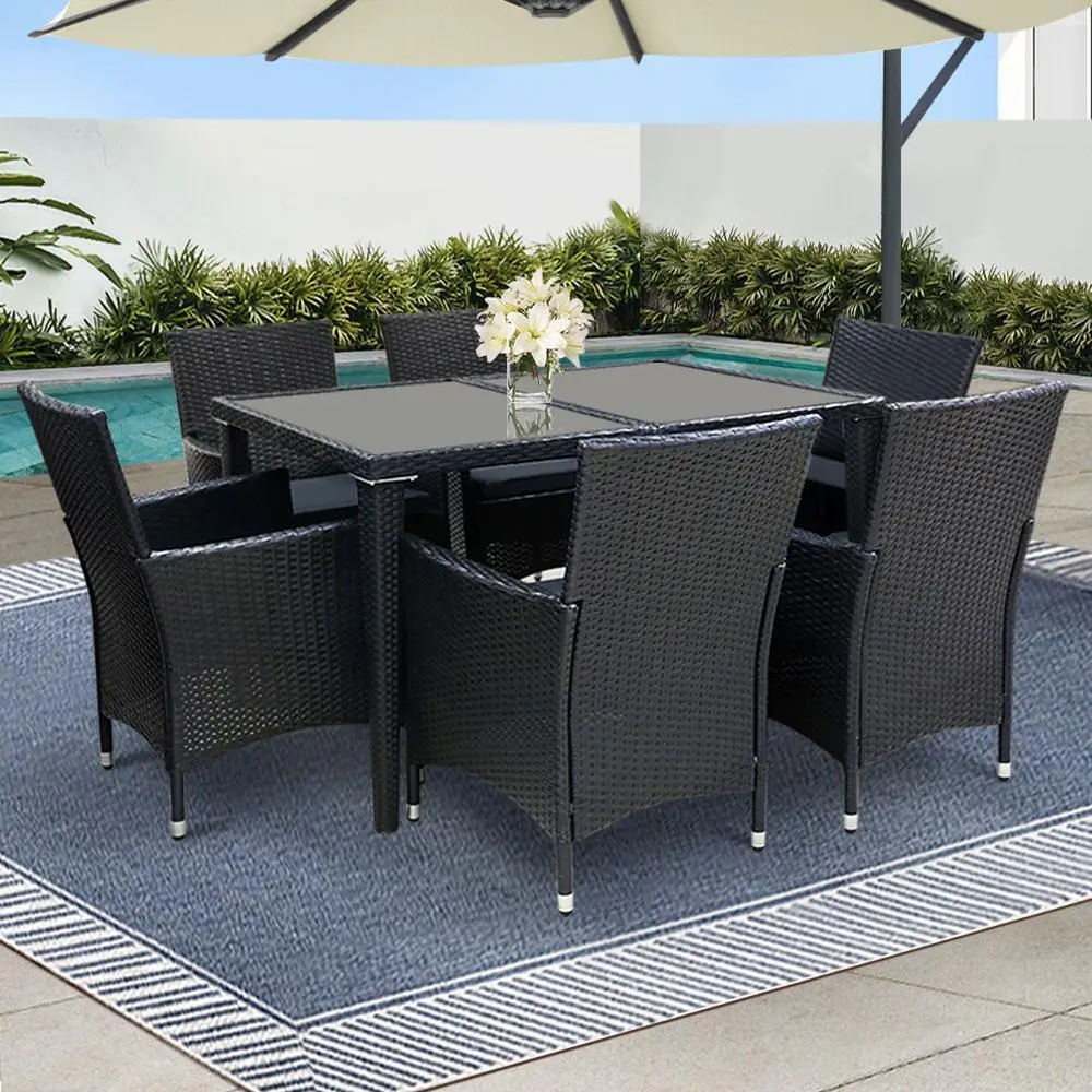 7 Piece Outdoor Wicker Dining Set Black Patio Lounge Furniture with Cushions