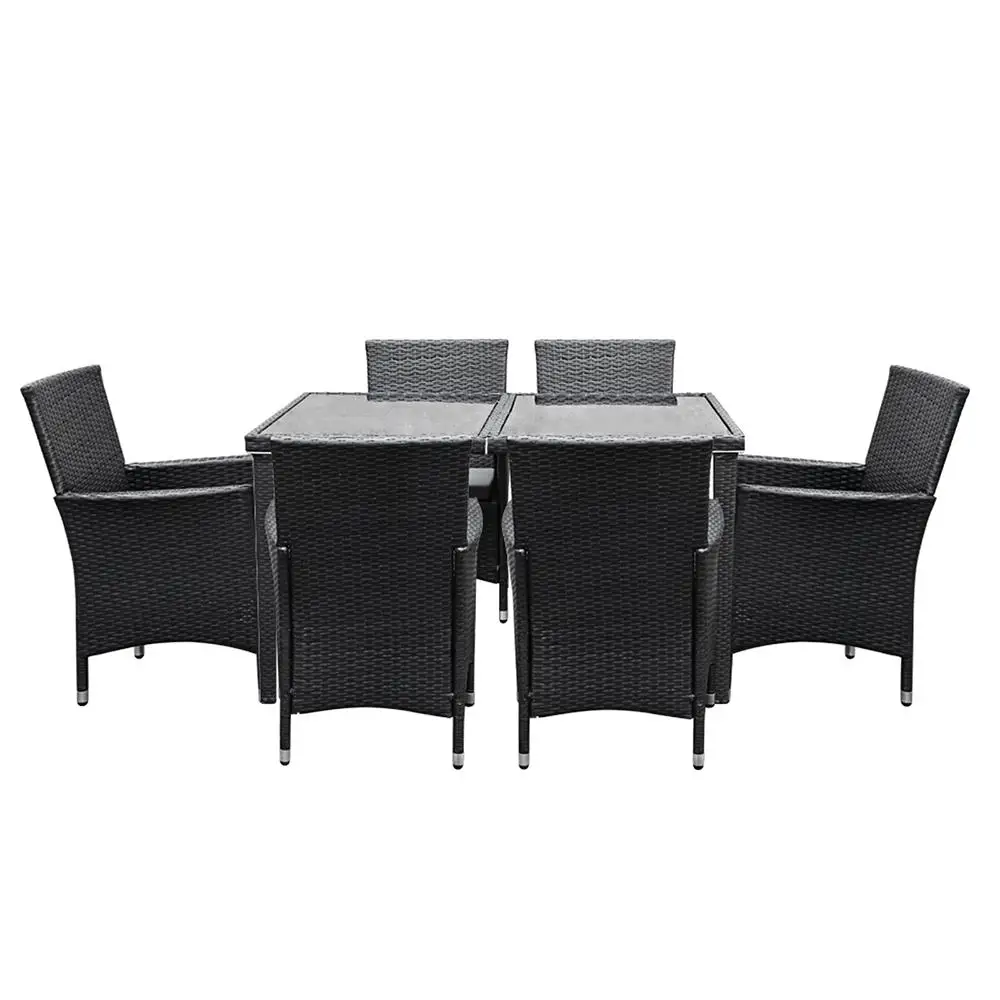 7 Piece Outdoor Wicker Dining Set Black Patio Lounge Furniture with Cushions