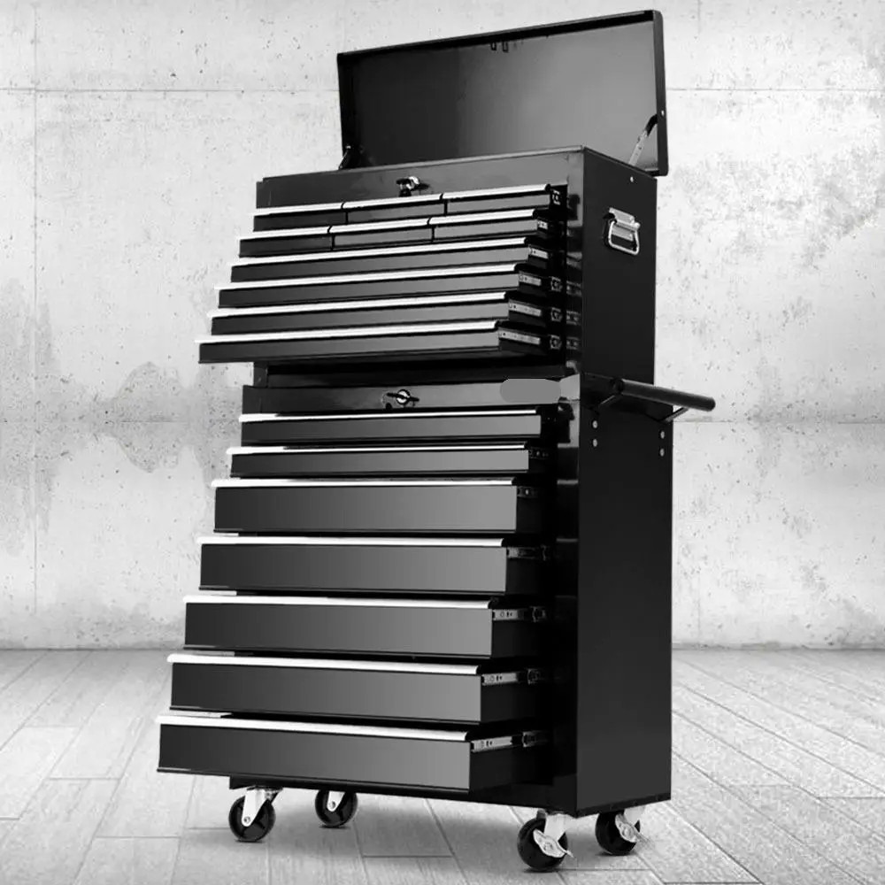 17 Drawer Mobile Tool Box Cabinet Chest Trolley Garage Storage Organizer Black