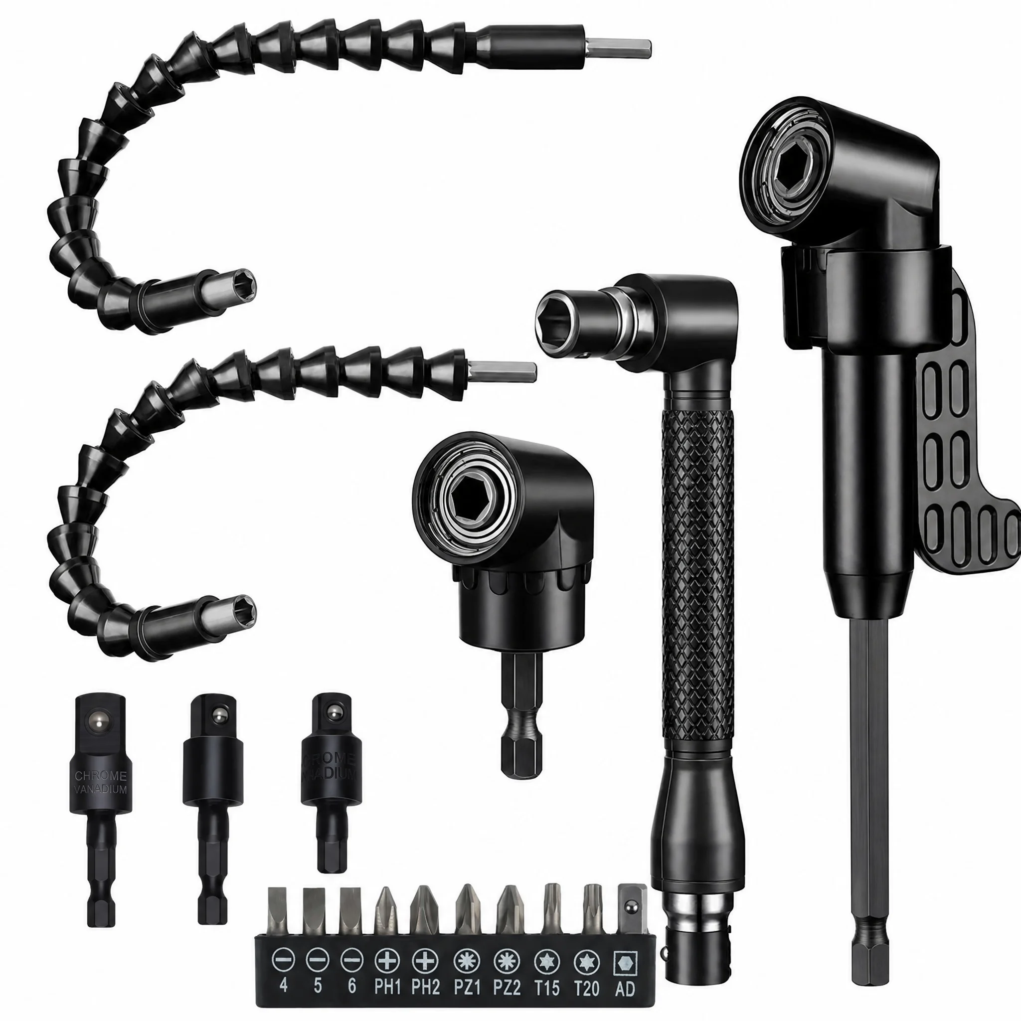 18Pcs 360 Rotatable Hex Shank Impact Driver Socket Adapter Set 105° Right Angle Drill Attachment 10 Short Screwdriver Bits