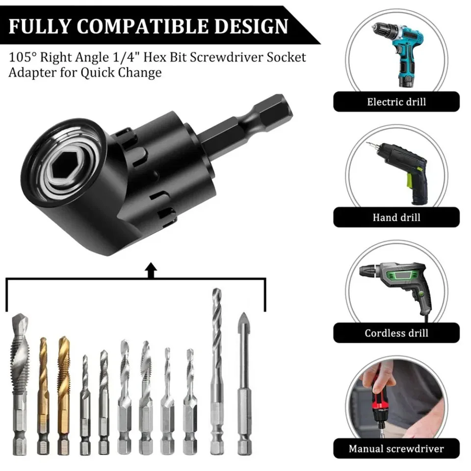 18Pcs 360 Rotatable Hex Shank Impact Driver Socket Adapter Set 105° Right Angle Drill Attachment 10 Short Screwdriver Bits