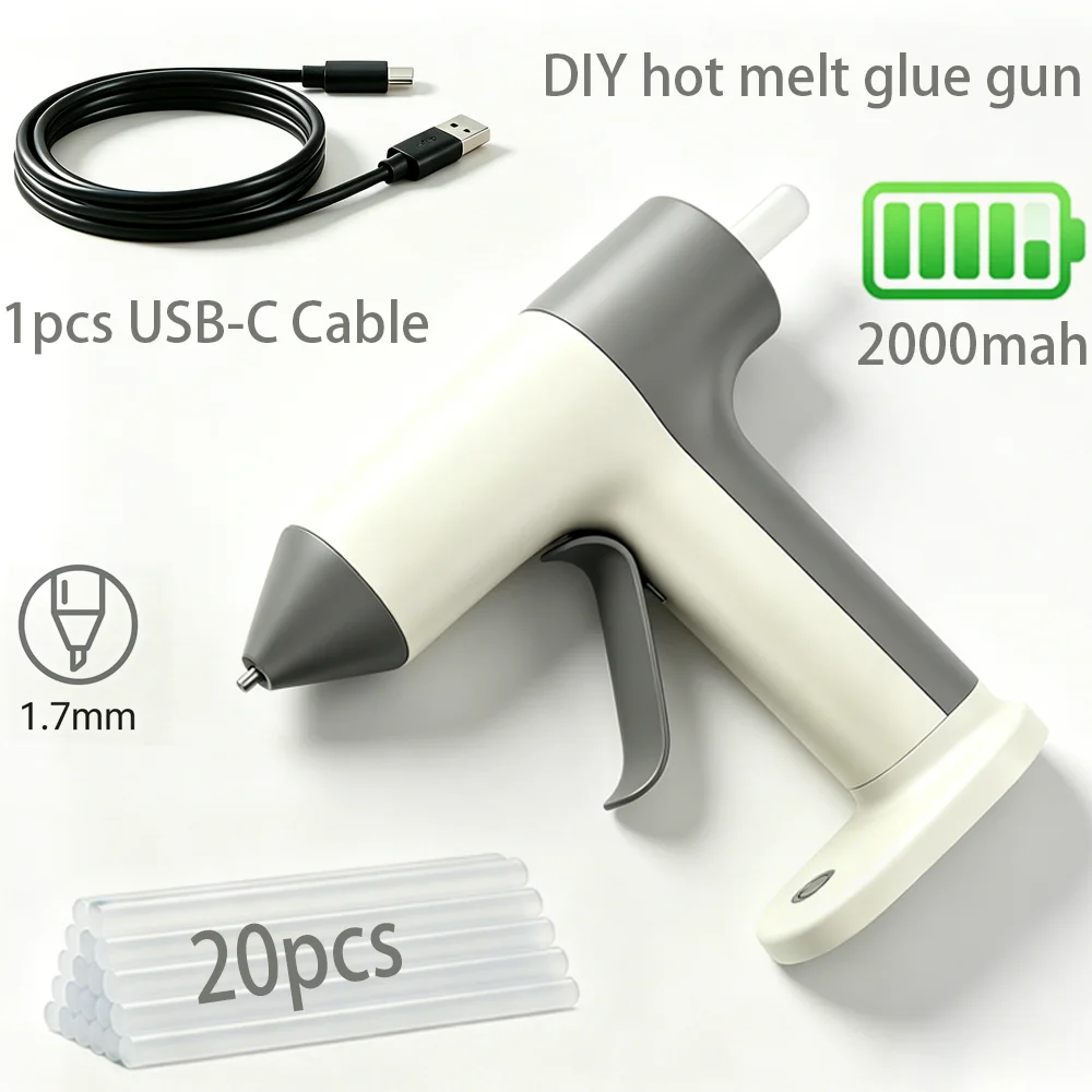 Cordless Glue Gun 30s Fast Heating Electric Hot Melt Glue Gun With 20pcs Glue Sticks 2000mAh Type-C Rechargeable Hot Melt Glue Gun 1.7mm Precision Nozzle For DIY Craft Home Repair Quick Repairs
