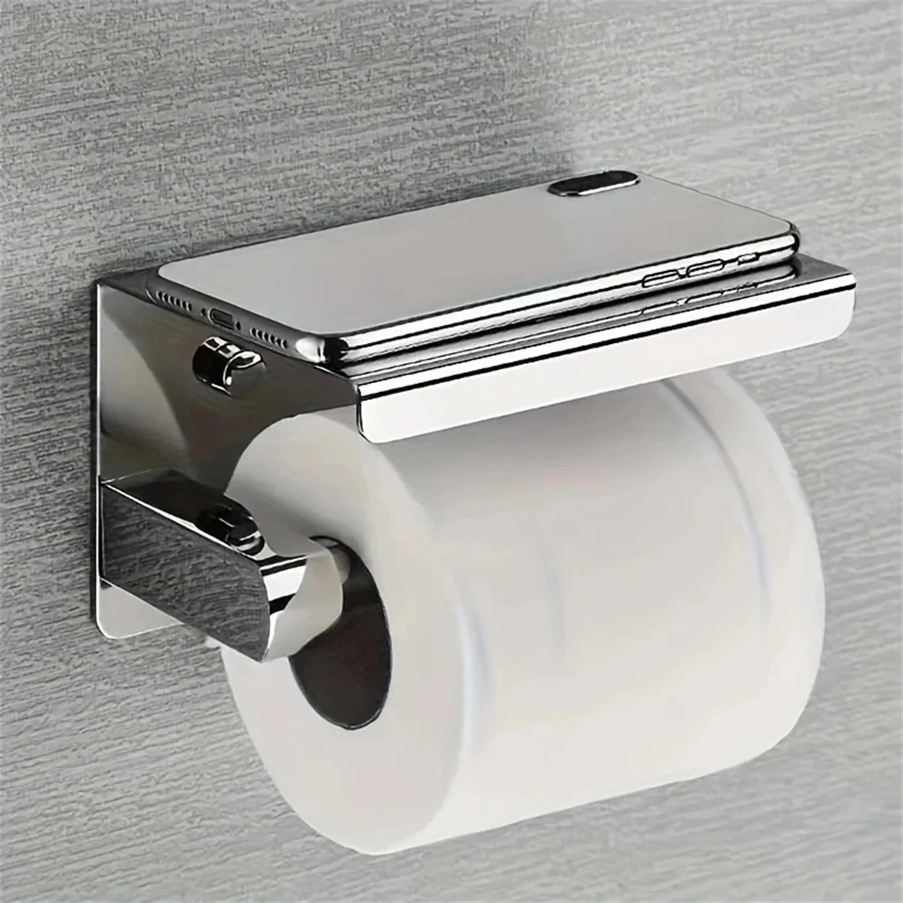 Toilet Paper Roll Holder with Phone Shelf Tissue Rack chrome steel Bathroom NEW