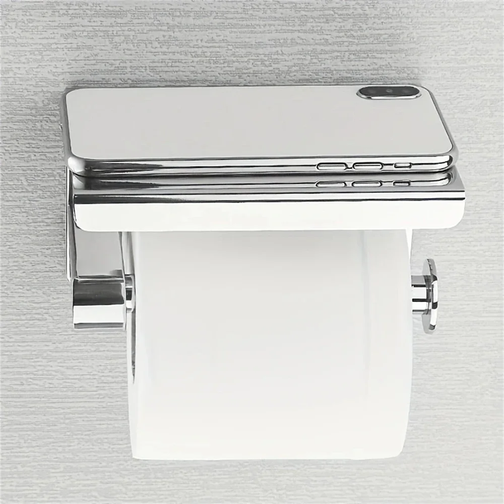 Toilet Paper Roll Holder with Phone Shelf Tissue Rack chrome steel Bathroom NEW