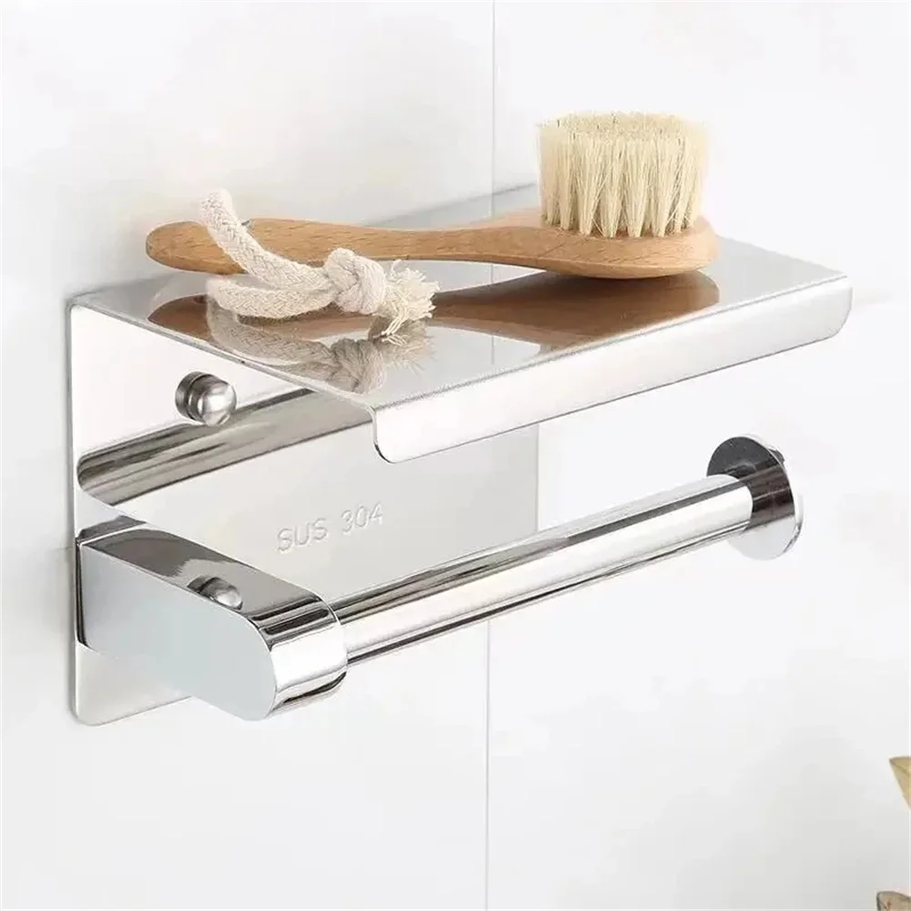 Toilet Paper Roll Holder with Phone Shelf Tissue Rack chrome steel Bathroom NEW