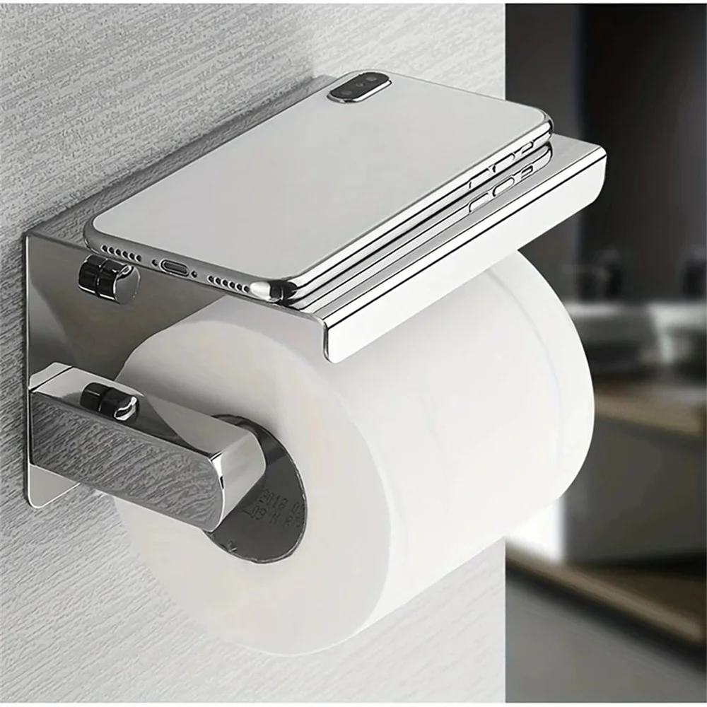 Toilet Paper Roll Holder with Phone Shelf Tissue Rack chrome steel Bathroom NEW
