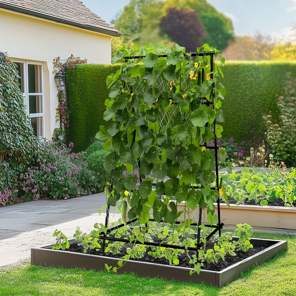 Metal A-Shaped Plant Vegetable Climbing Trills Garden Flower Arch Trellis with Nylon Netting