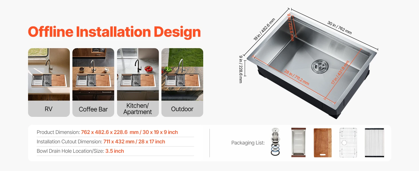 SucceBuy Kitchen Sink Workstation Stainless Steel Sinks ingle Bowl Basin with Ledge & Accessories Household Dishwasher for RV
