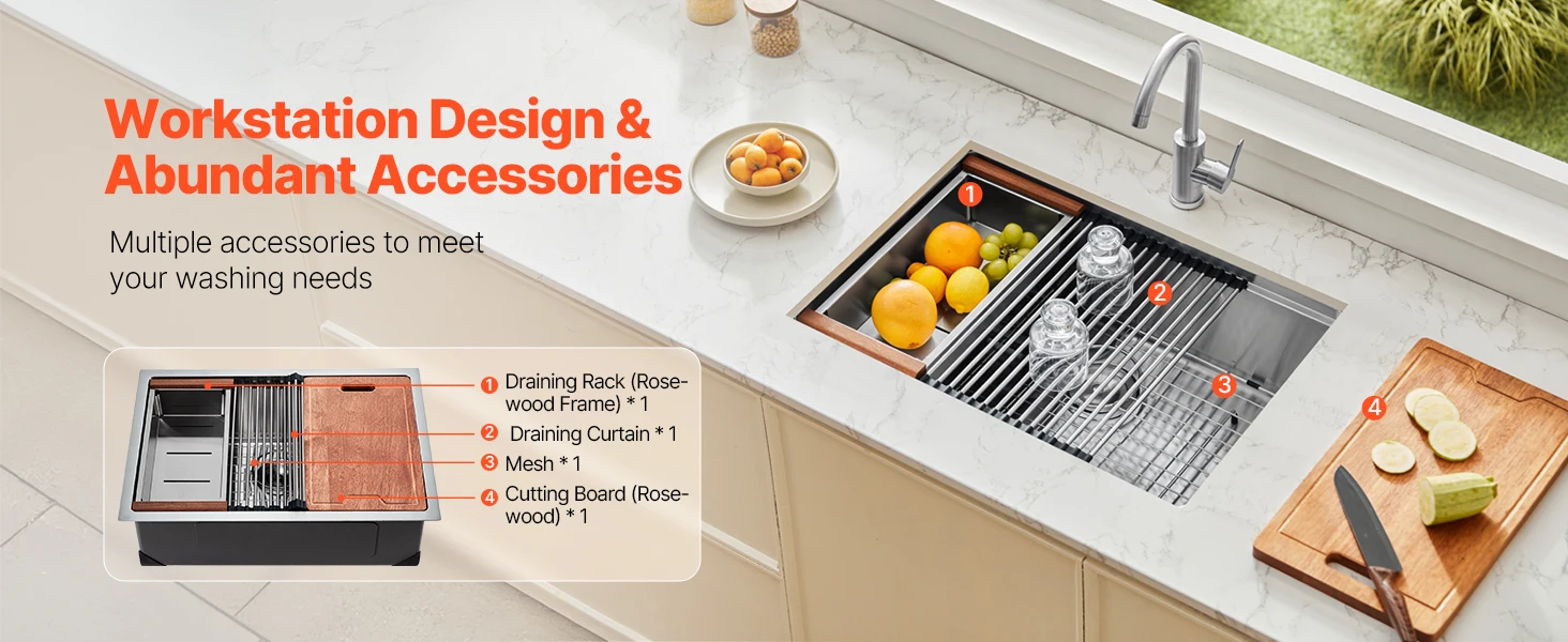 SucceBuy Kitchen Sink Workstation Stainless Steel Sinks ingle Bowl Basin with Ledge & Accessories Household Dishwasher for RV
