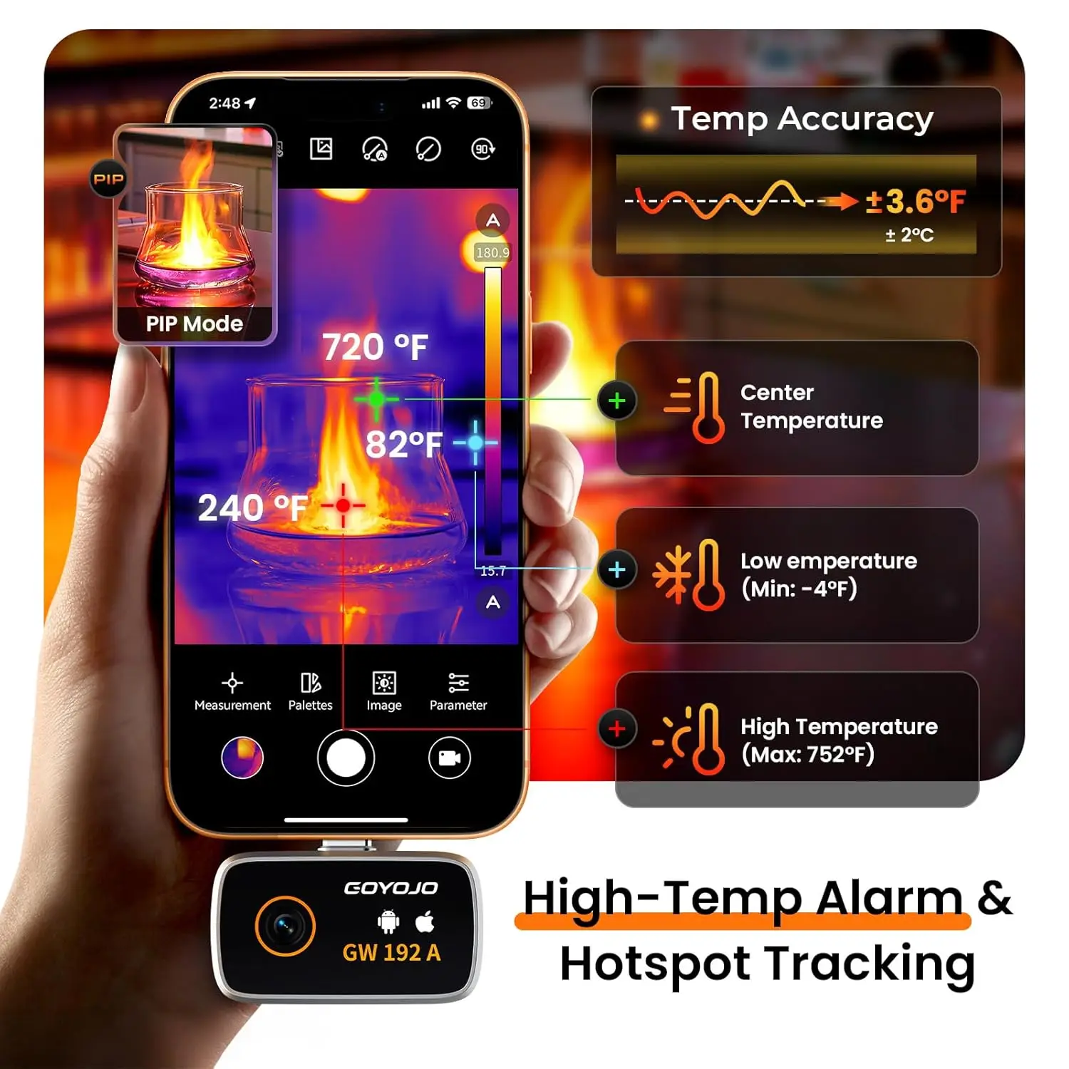 GOYOJO Thermal Imaging Camera for Android/iphone 15/16/17 iOS Series 192x192 IR Resolution– Water Leak Detection HVAC Electrical Plumbing, Automotive Repair, Home Inspection, DIY-USB-C Infrared Imager -4°F~752°F GW340 GW192A