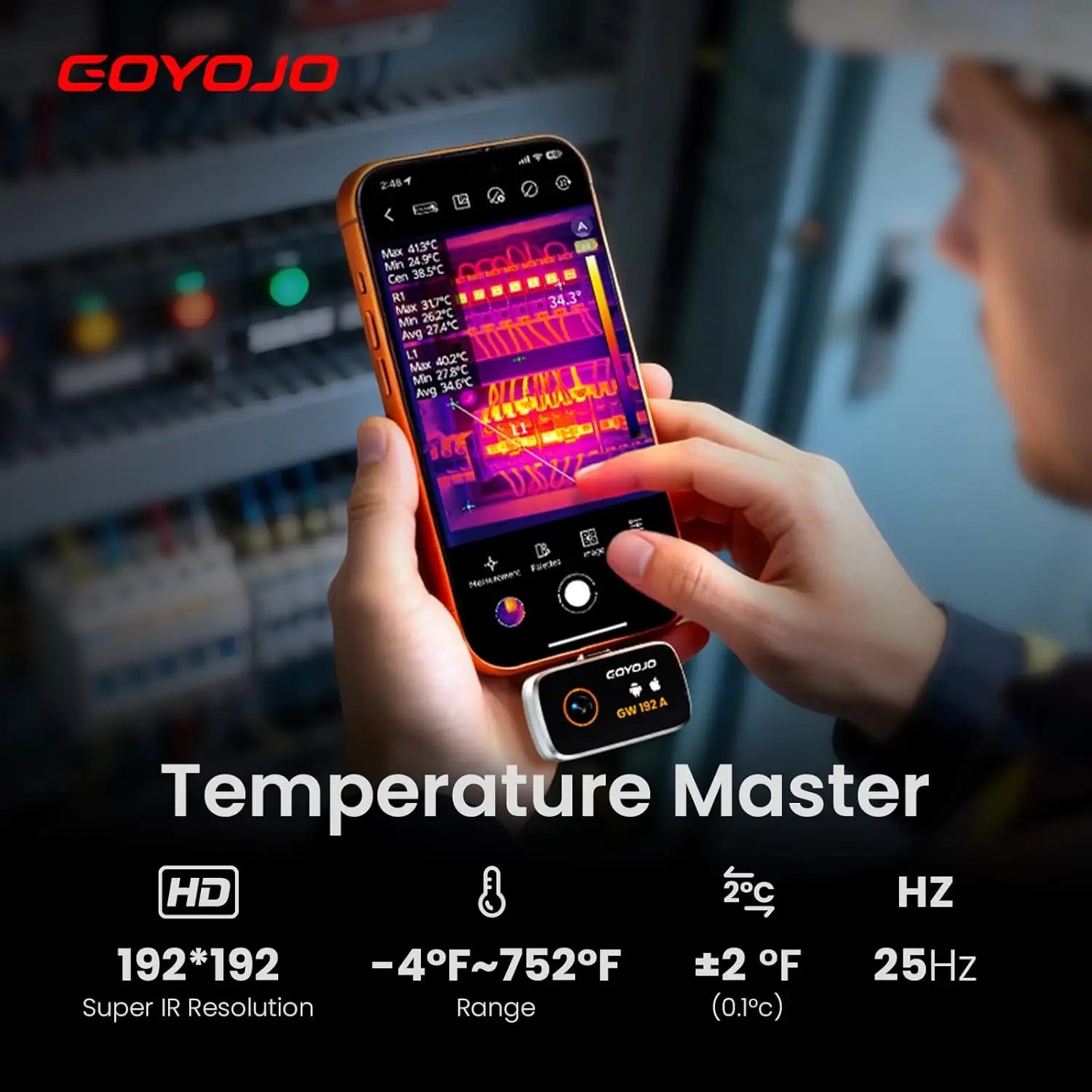 GOYOJO Thermal Imaging Camera for Android/iphone 15/16/17 iOS Series 192x192 IR Resolution– Water Leak Detection HVAC Electrical Plumbing, Automotive Repair, Home Inspection, DIY-USB-C Infrared Imager -4°F~752°F GW340 GW192A
