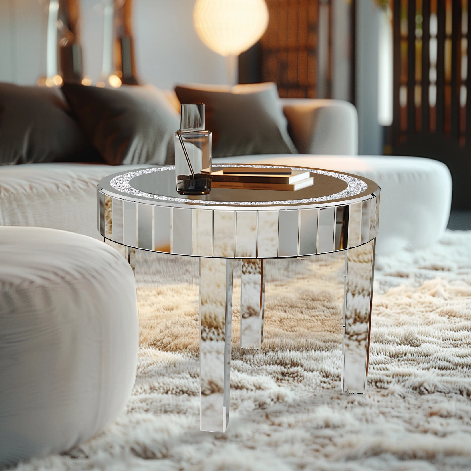 Luxury Round Mirrored Bedside Table, Crystal Diamond Inlay Accent Side Table for Living Room & Bedroom Decor