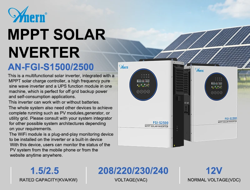 Anern 6.2KW 4.2KW 3KW 1.6KW Hybrid Inverter Off Grid Dual AC Output MPPT 120A on Grid Solar Inverter 48V 24V 12V 230V PV 500Vdc