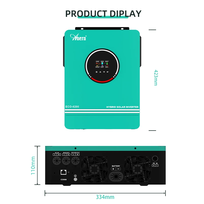 Anern 6.2KW 4.2KW 3KW 1.6KW Hybrid Inverter Off Grid Dual AC Output MPPT 120A on Grid Solar Inverter 48V 24V 12V 230V PV 500Vdc